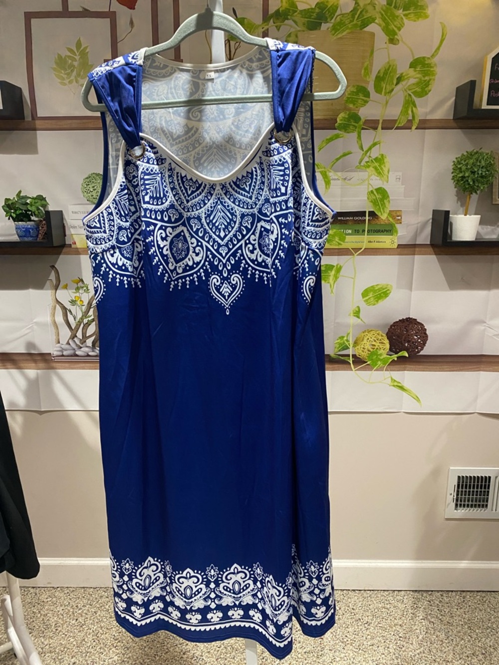 Blue Sleeveless Paisley Border Print Dress 1 X. Ptp is 23.